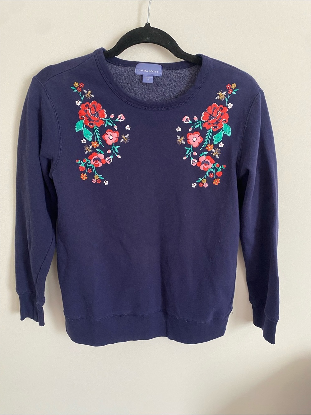 Laura Scott Navy Crewneck Sweatshirt with Red Floral Embroidery